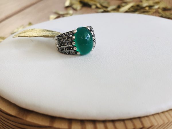 bague argent art deco agate verte marque la Metrop