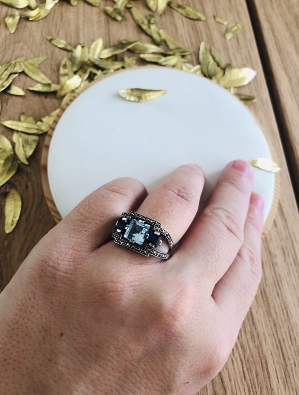 bague argent art deco topaze bleue marque la Metrop