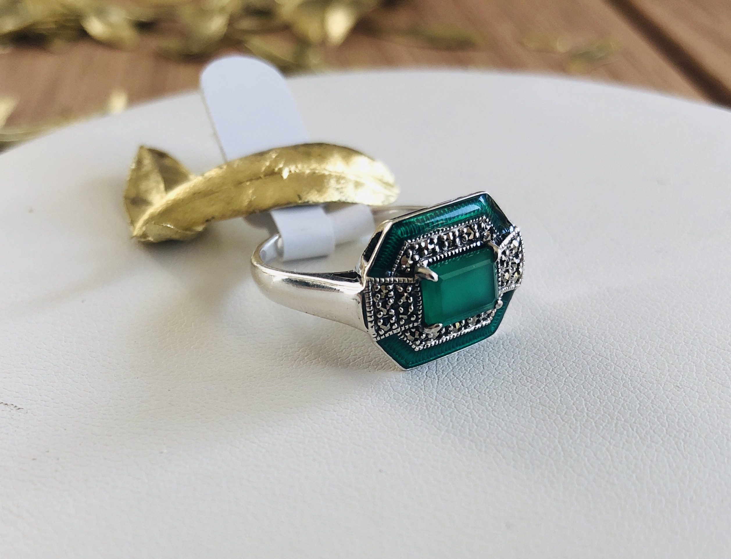 bague art deco argent 925 agate verte marcassites marque La Metrop Compagnie