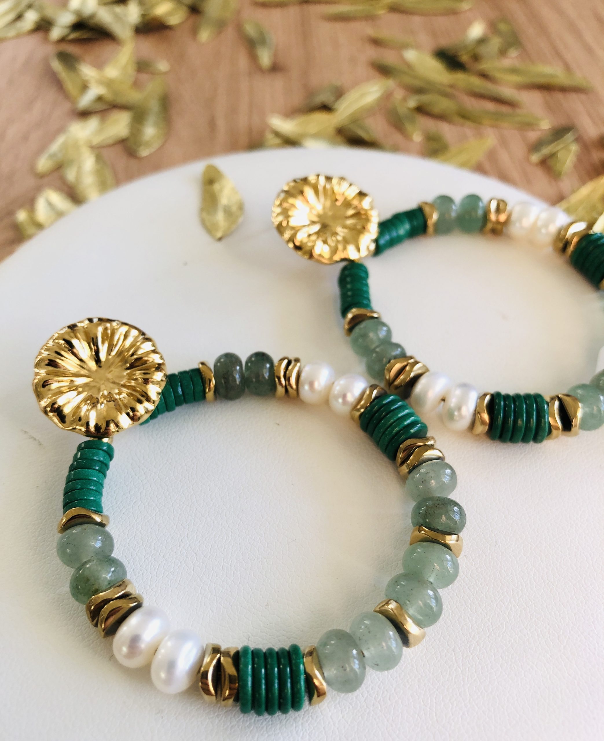 boucles d'oreilles agate verte acier inoxydable doré marque OMACOO