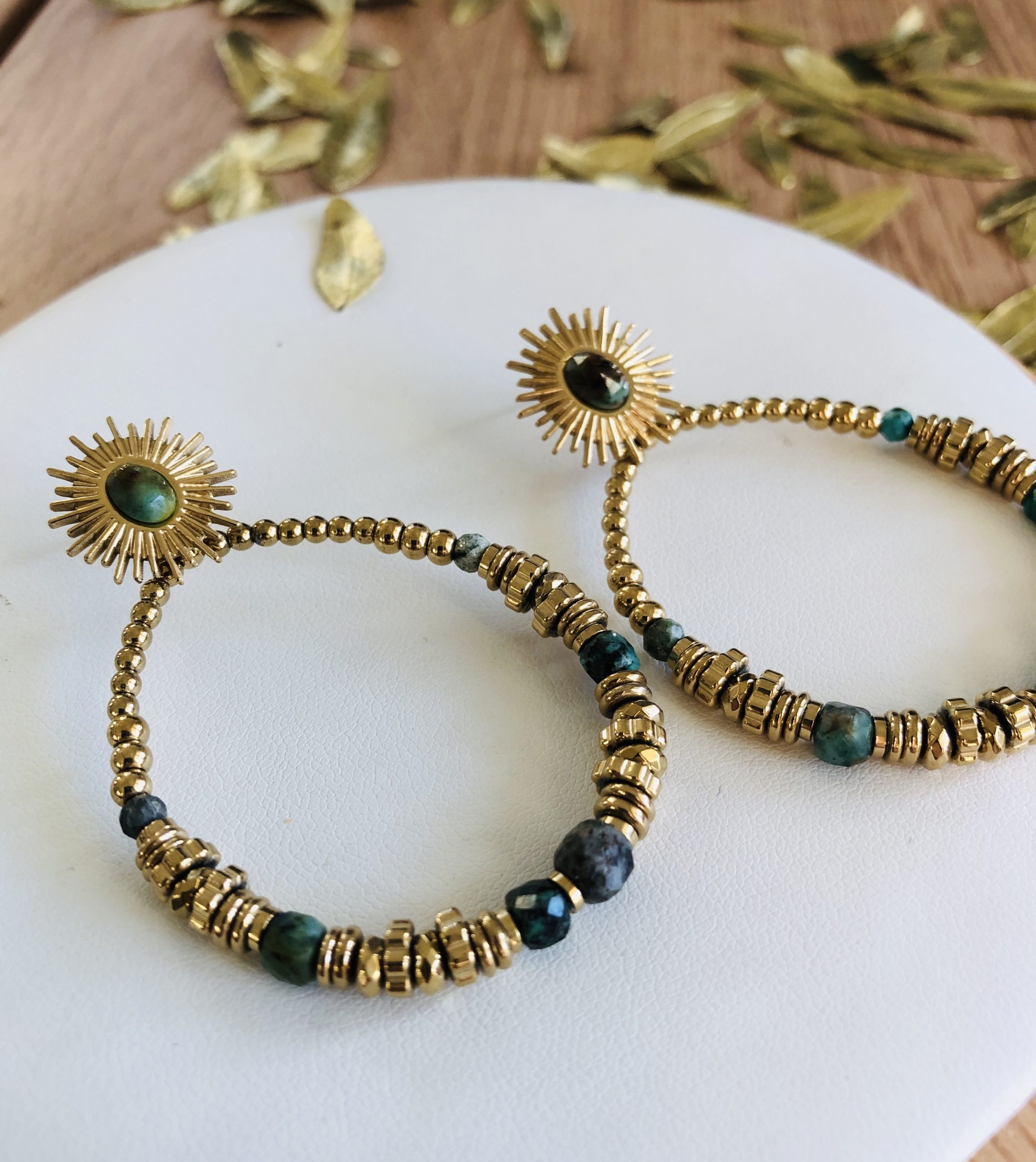 boucles d'oreilles turquoise africaine acier inoxydable doré marque OMACOO