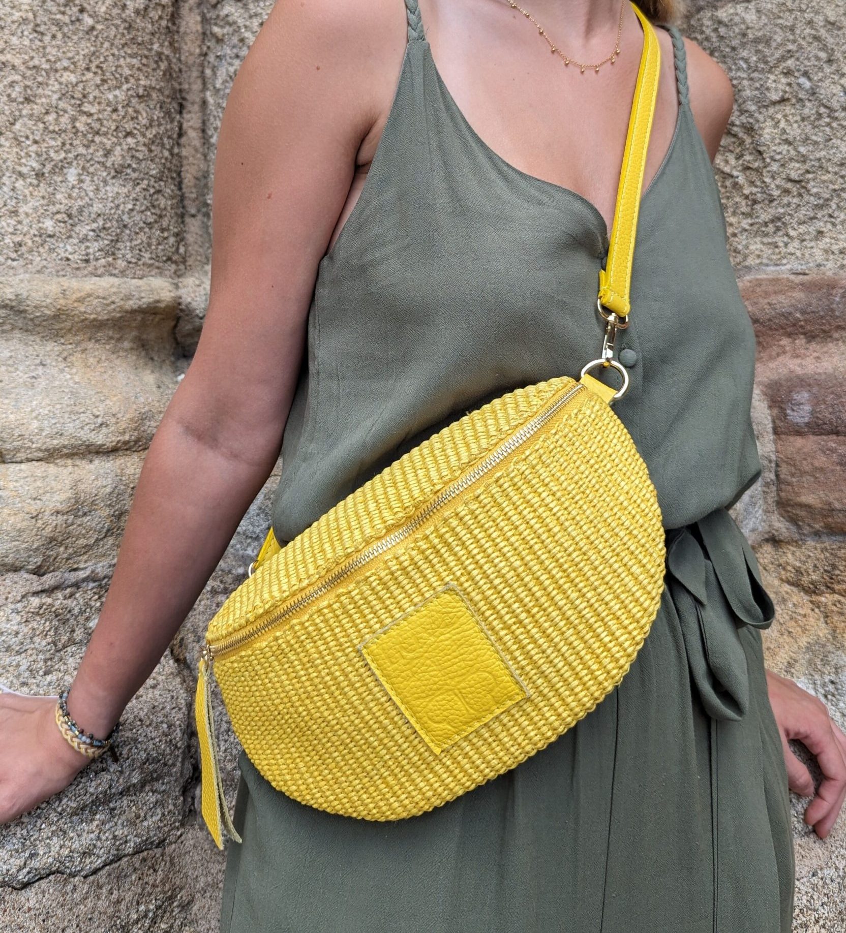 Sac Banane clem rafia jaune cuir