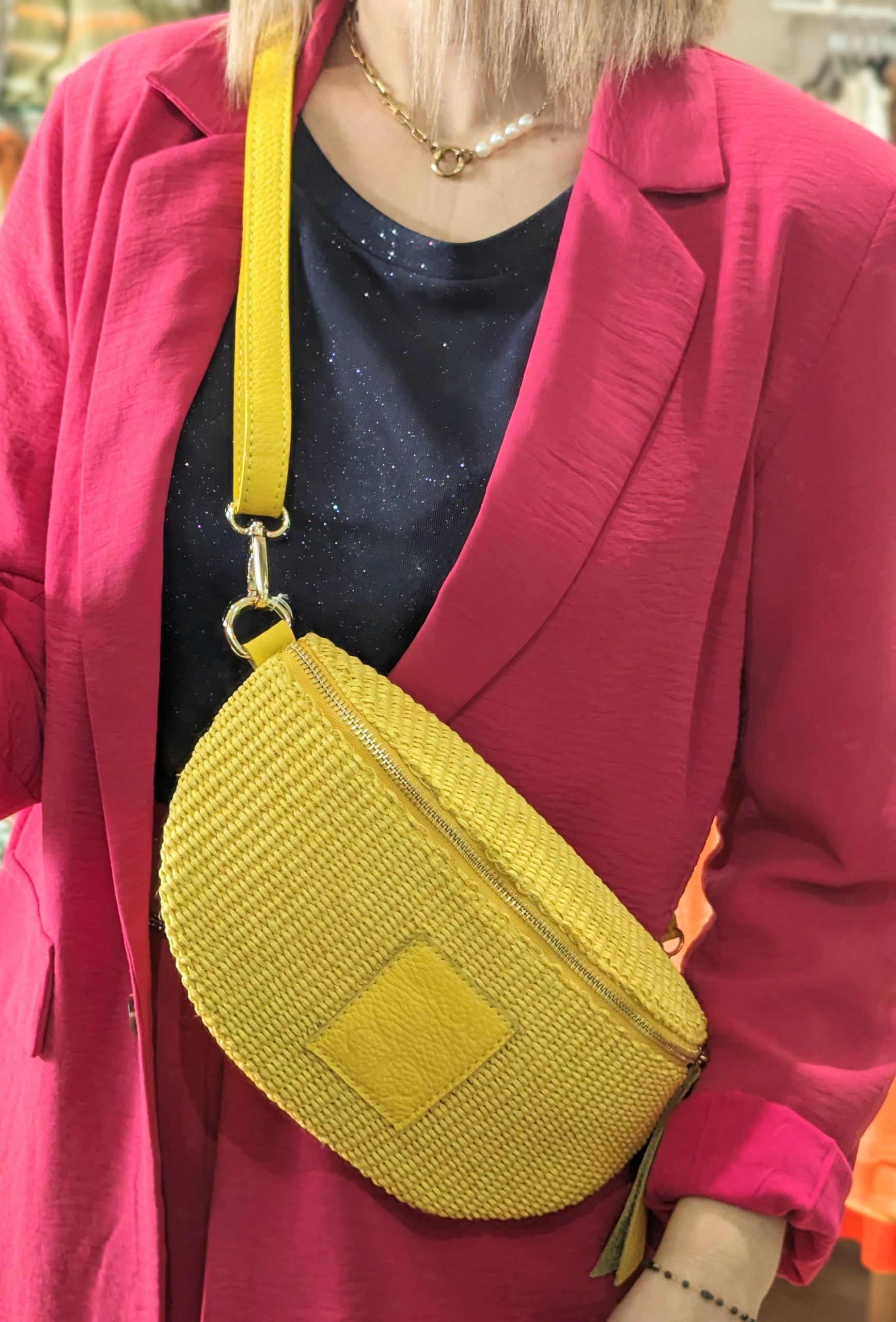 Sac Banane clem rafia jaune cuir