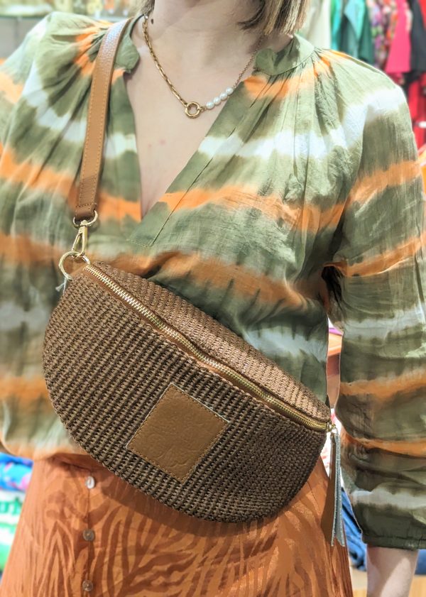 Sac Banane clem rafia marron cuir