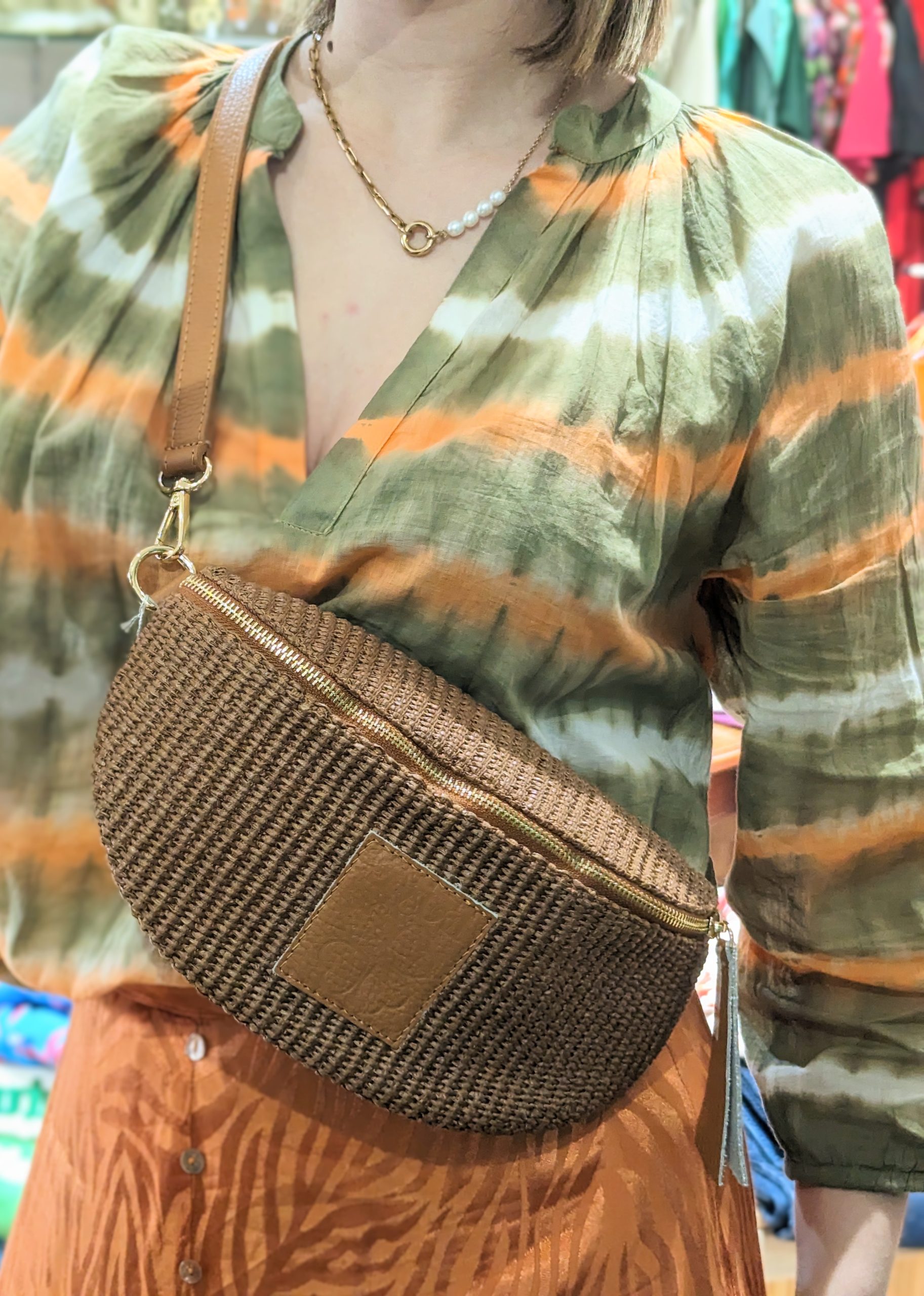 Sac Banane clem rafia marron cuir
