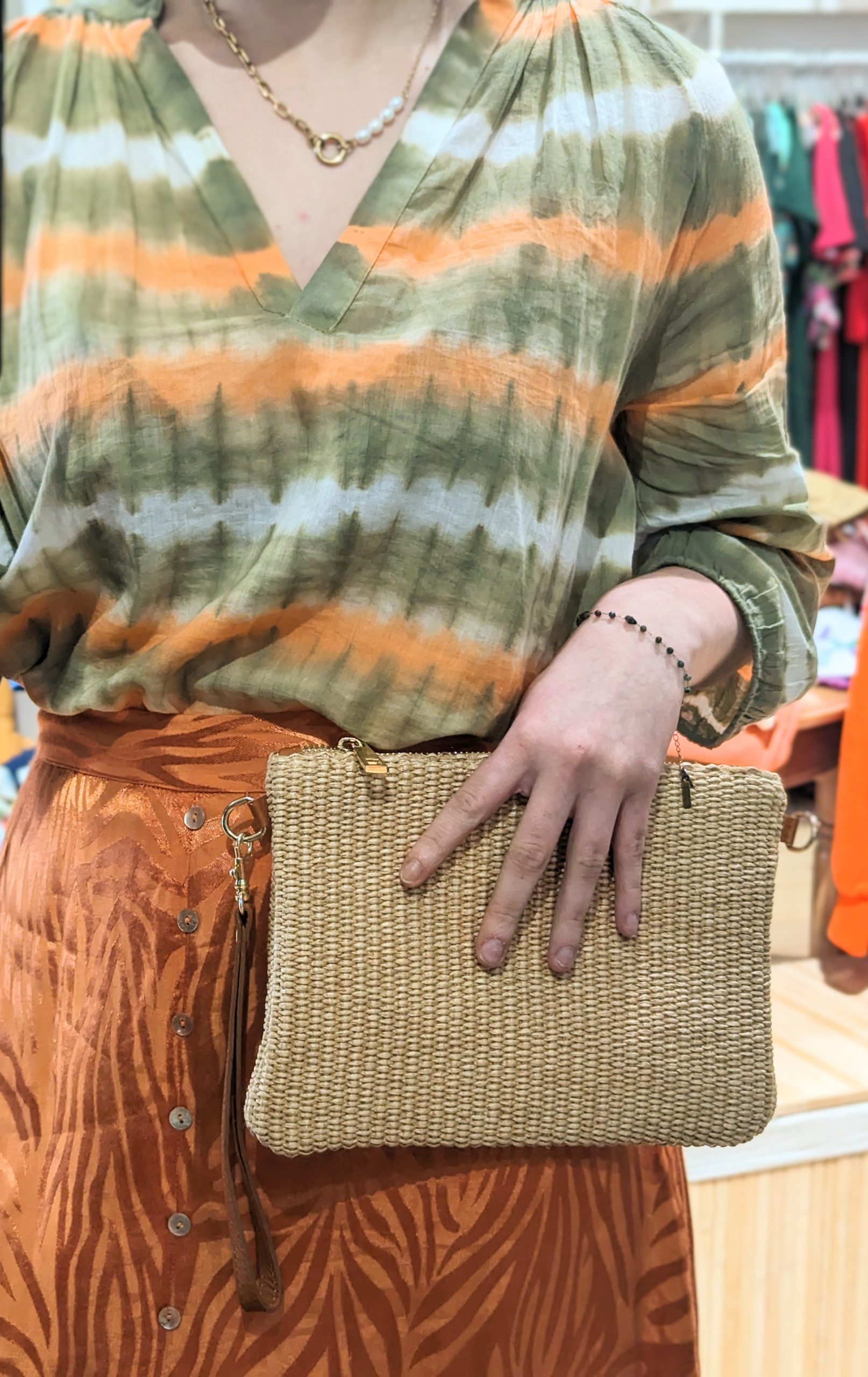 Sac pochette beige rafia cuir