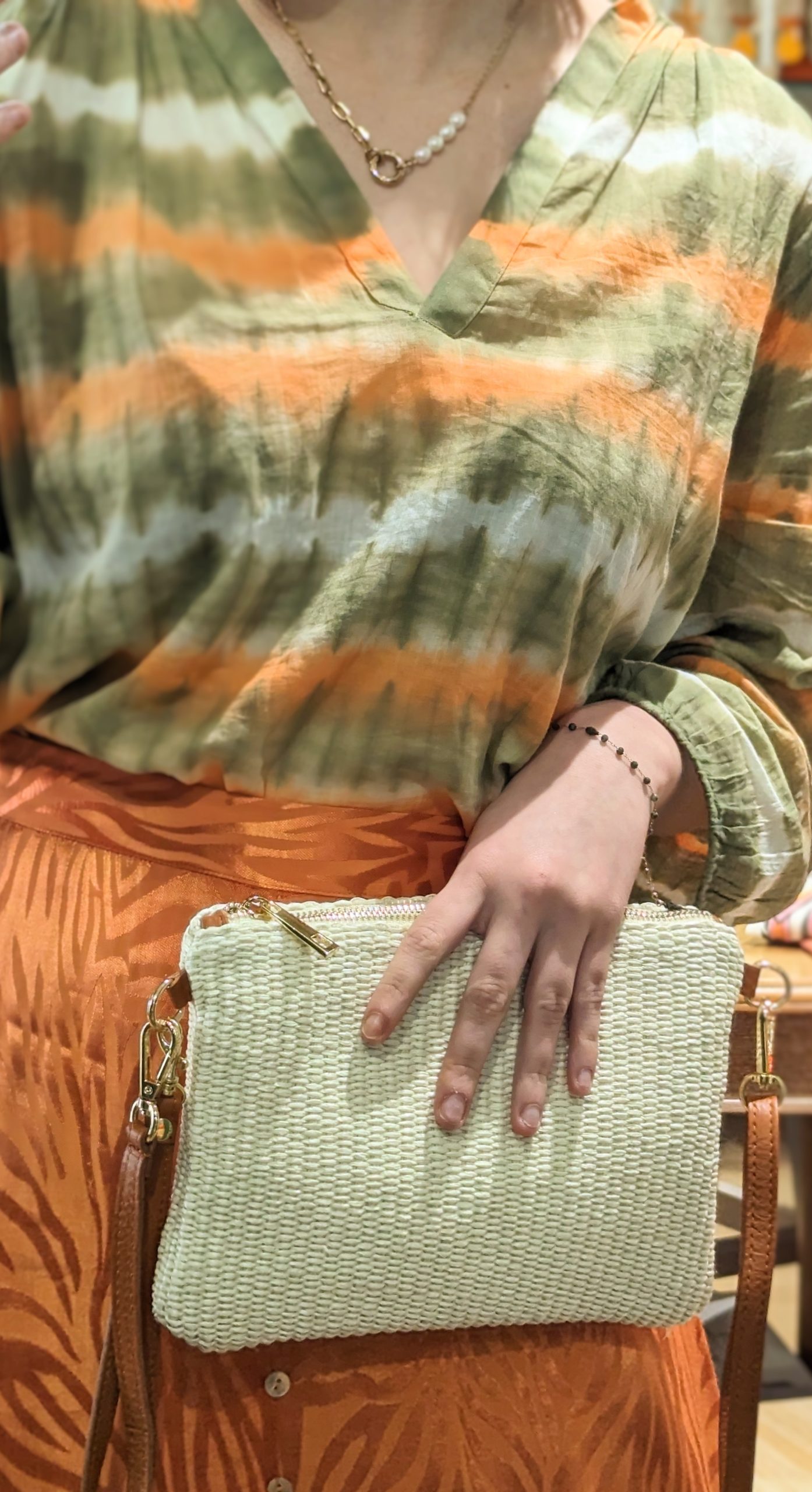 Sac pochette ecru rafia cuir
