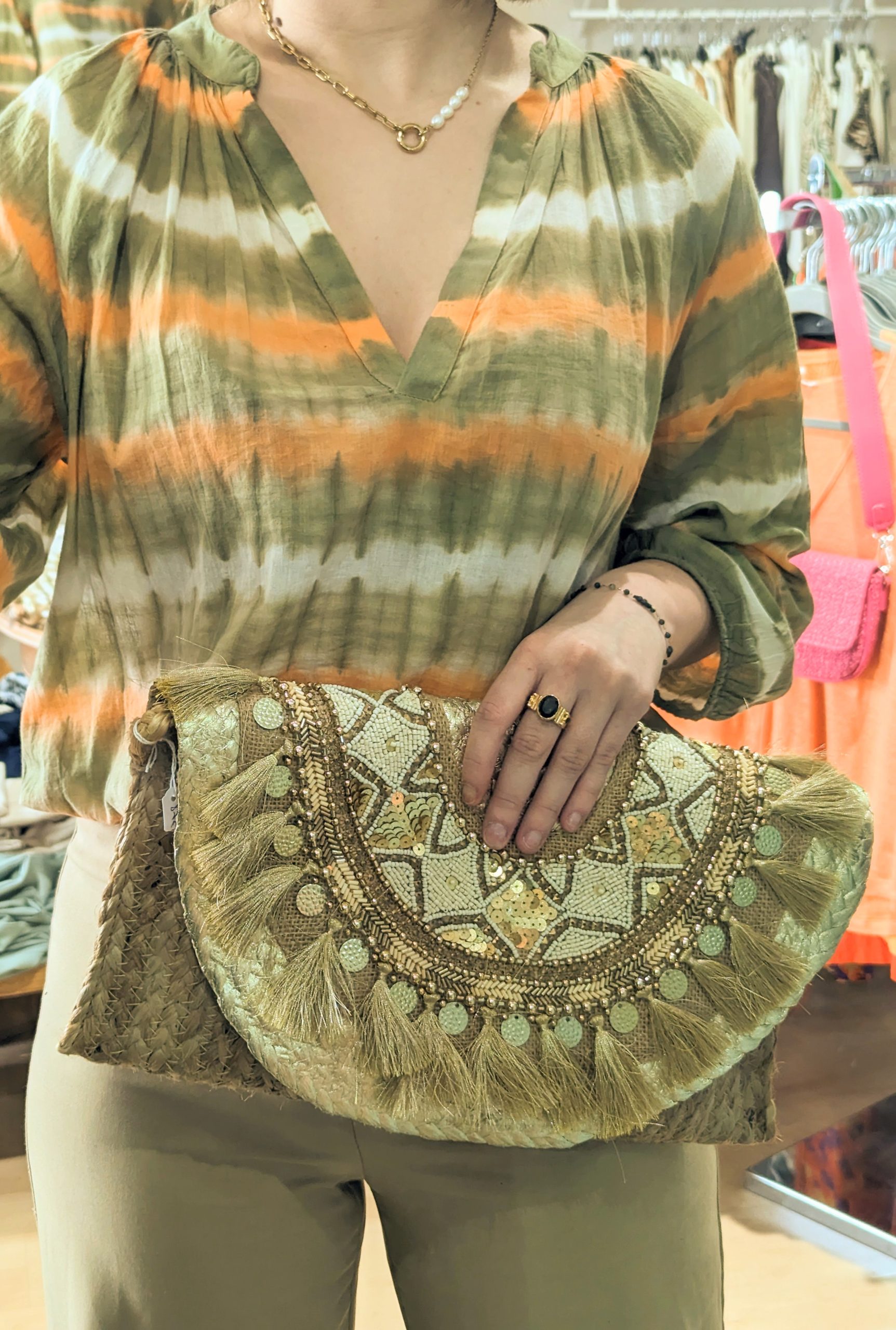 pochette boheme rafia nacre
