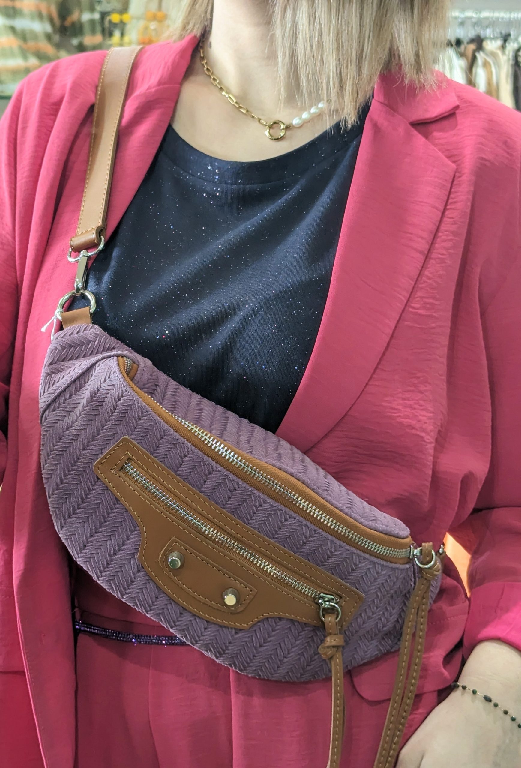 pochette java bandoulière lilas cuir tressé
