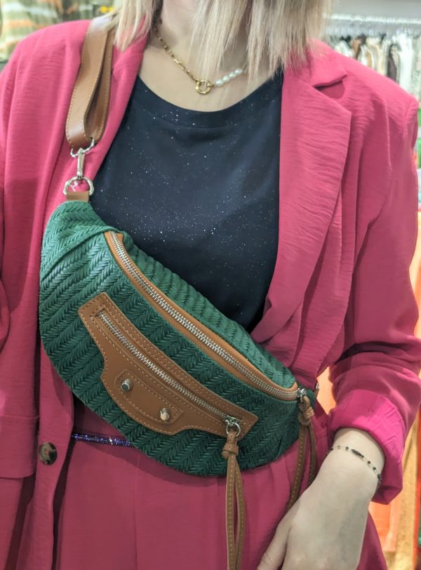 pochette java bandoulière vert cuir tressé