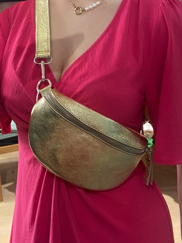 sac banane brillante cuir gold