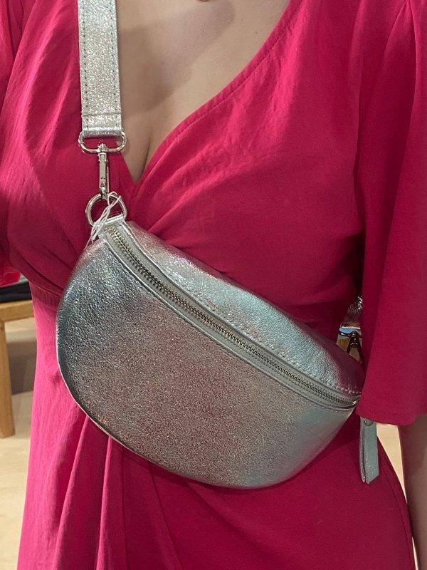 sac banane brillante cuir silver argent