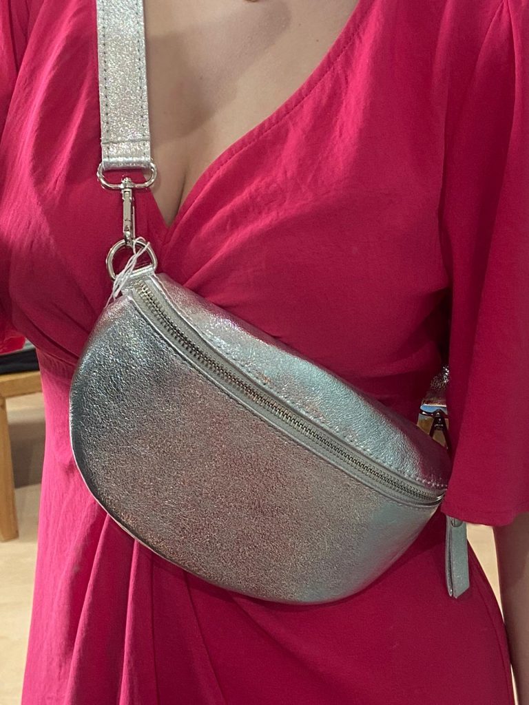 sac banane brillante cuir silver argent