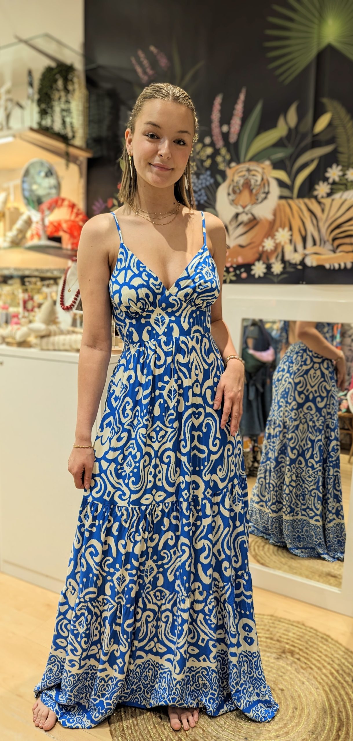 robe longue inès bleu imprimé uni dos nu marque ycoo