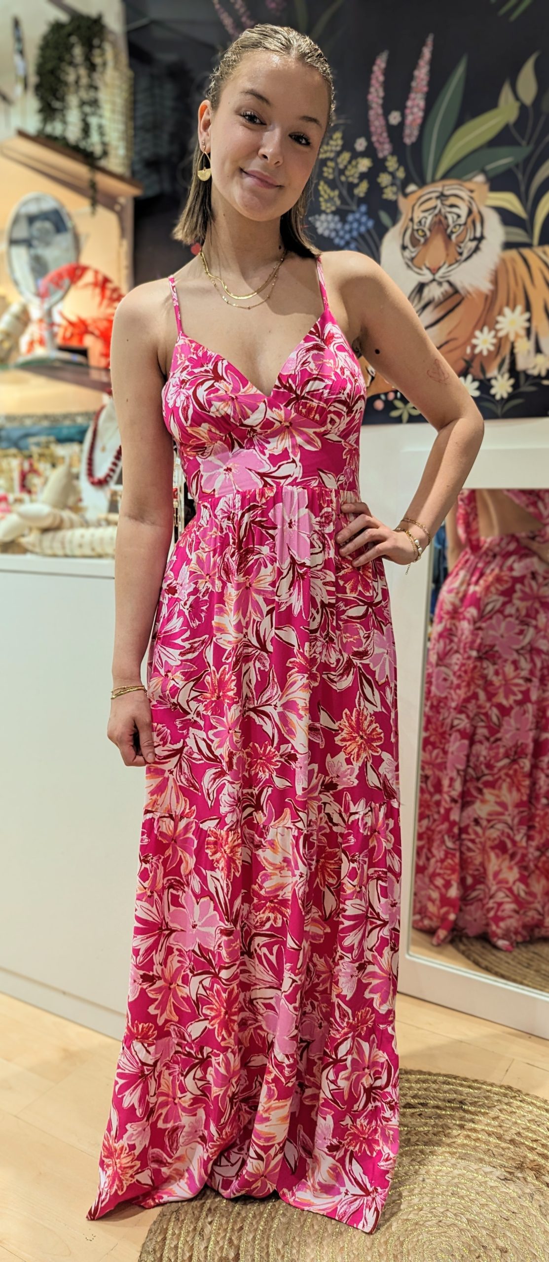 robe longue inès rose imprimé dos nu marque ycoo