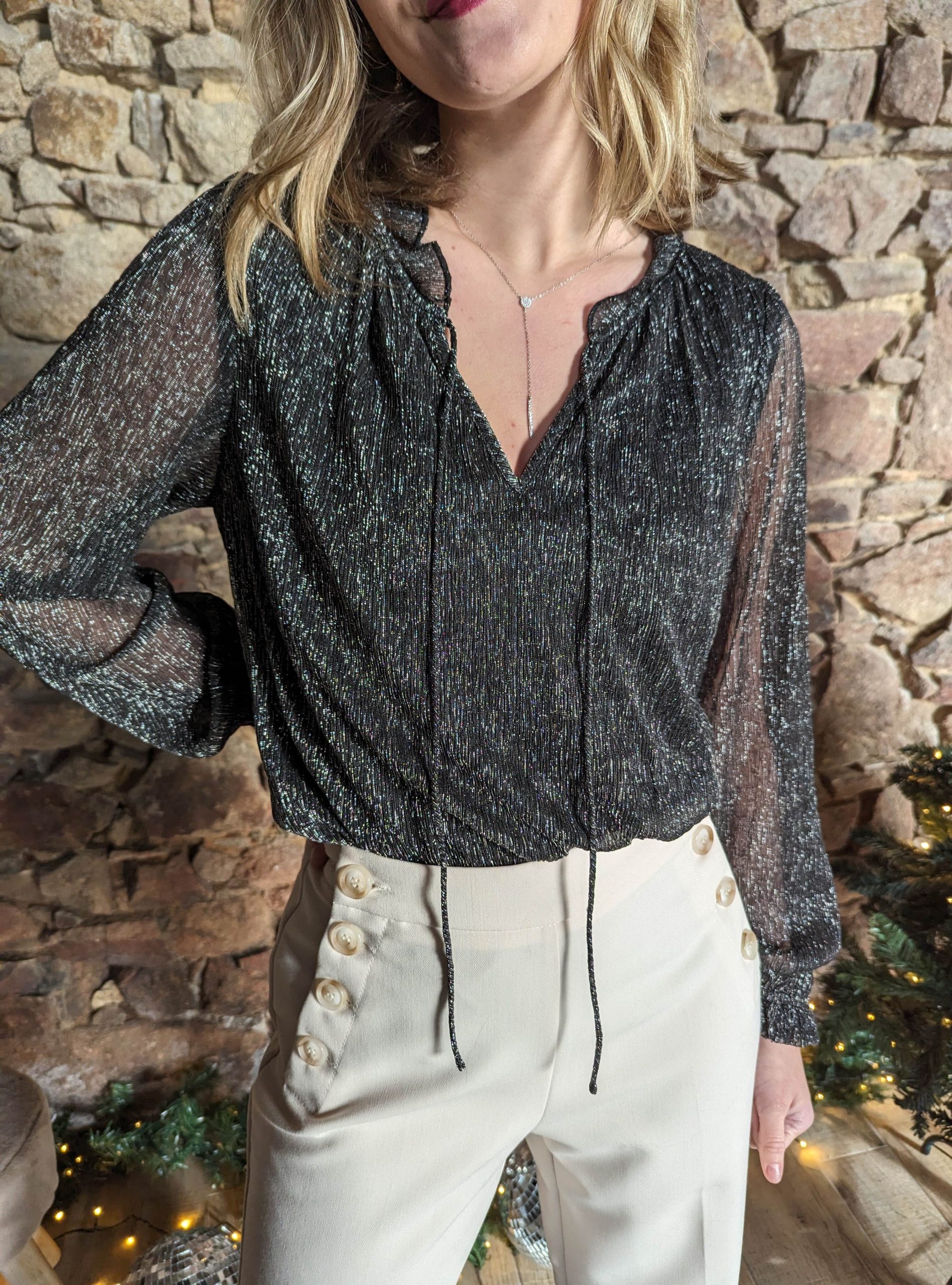 blouse brillante noir argent fêtes marque YCOO.