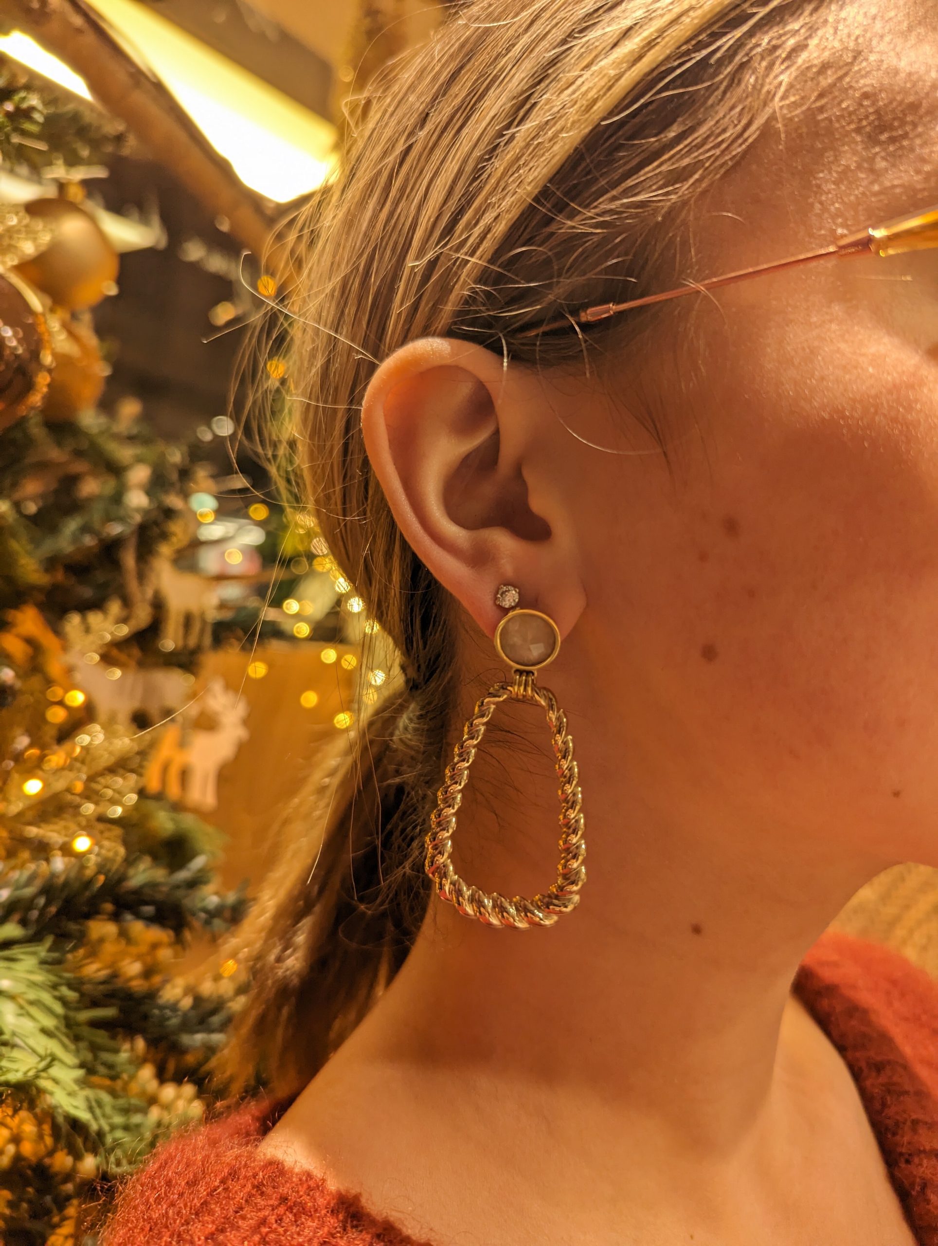 boucles d'oreilles quartz rose acier inoxydable doré marque OMACOO